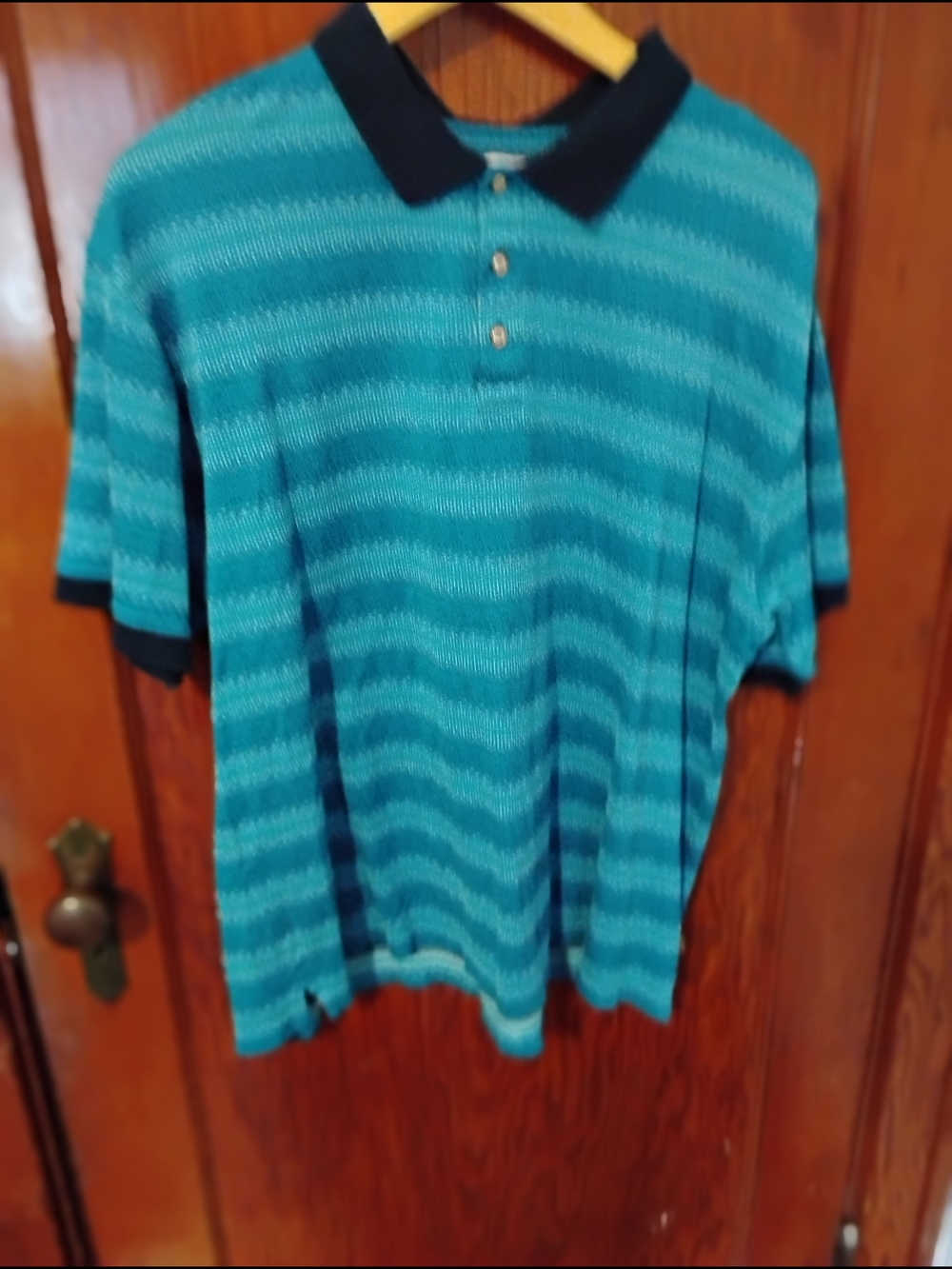 Men's Teal Striped Polo with Navy Collar
